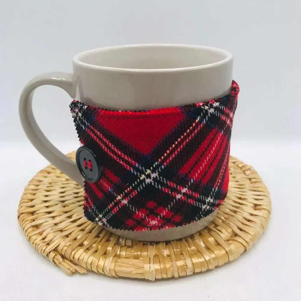Handmade Mug Cozy, Plaid Corduroy Red Black, Hot Beverage Cozy, Stocking Stuffer